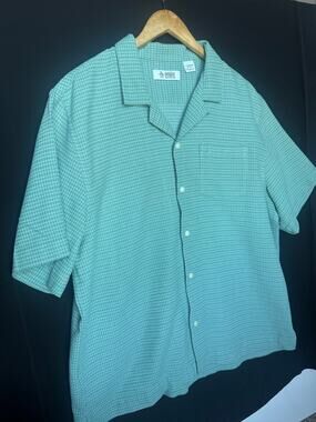 Original Penguin Munsingwear Men XL Textured Camp Collar Shirt Green 100% Cotton